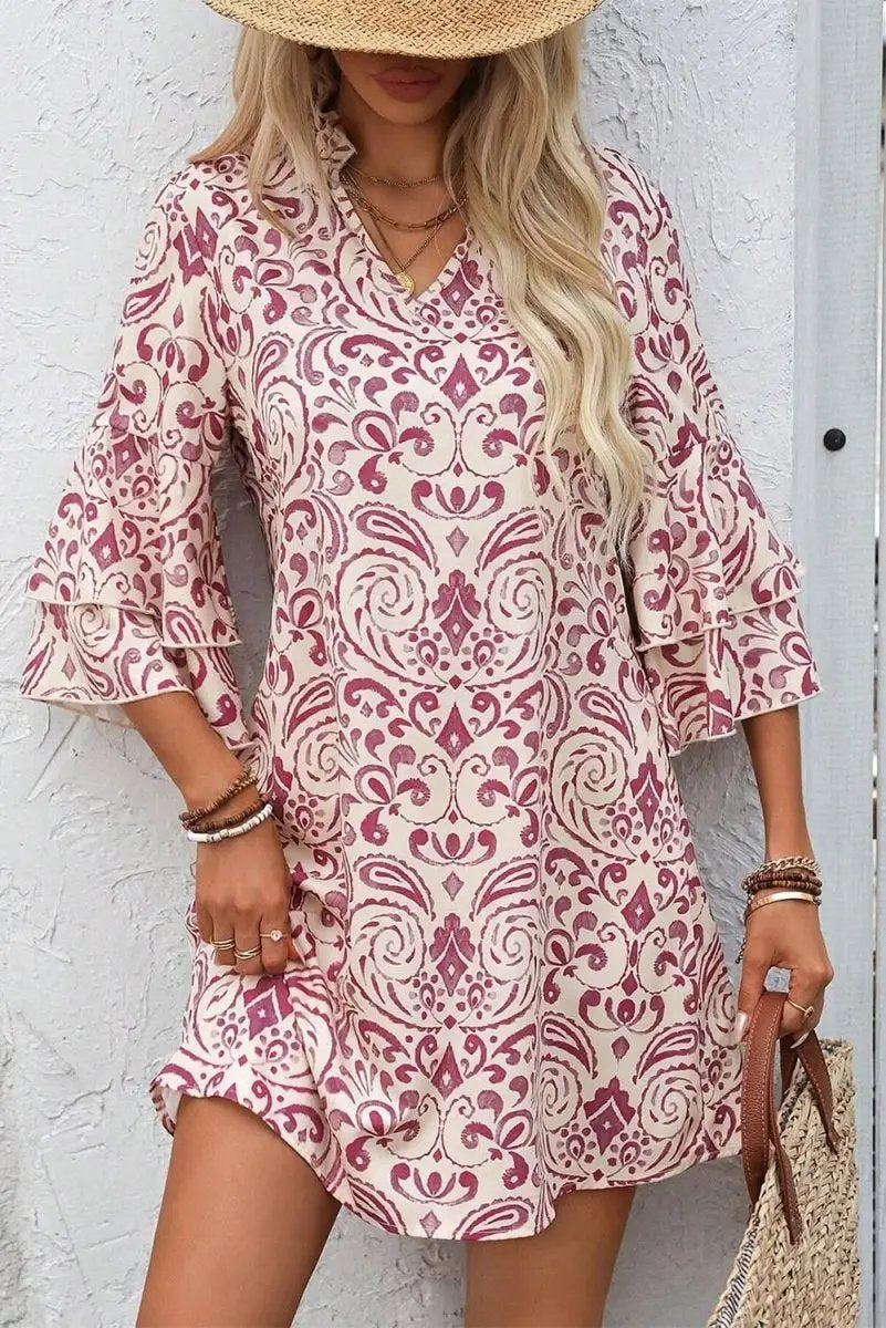 Pink Paisley Print Tiered 3/4 Sleeve Notched Neck Mini Dress - Love Salve